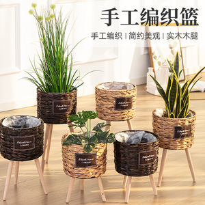Woven flower pots, straw flower <b>baskets</b>, rattan floor-standing wooden tall flower stands, living room decorations, reed woven - Product Image 1
