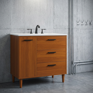 Meuble de salle de bain en bois massif avec vasque, 1 porte et 3 tiroirs, avec robinet - Product Image 1