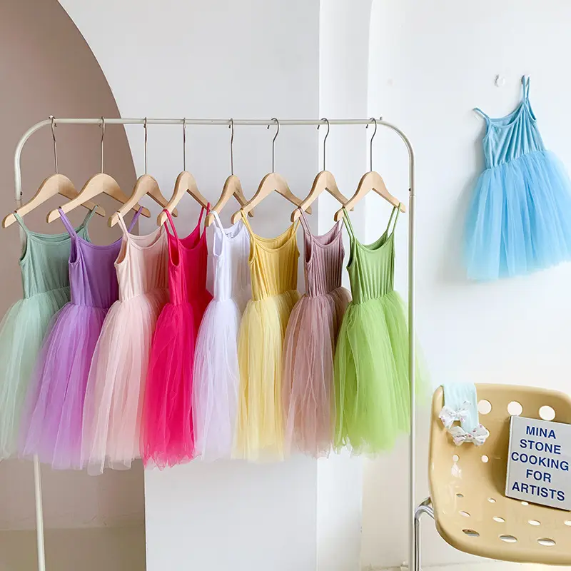 Dress Tank top balita tali Tutu, gaun rok kasual tali Spaghetti Tulle tanpa lengan warna Solid untuk anak perempuan