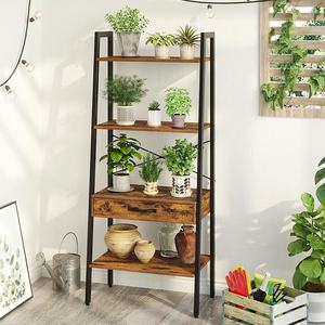 כפרי סולם תצוגת מדף עם מגירת עץ מדף ספרים 4 קומות נשען שירות ארגונית מדפי יד צבוע מתכת מסגרת - Product Image 2