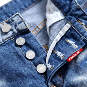 AeeDenim Vente en gros OEM Jeans droits pour hommes, style 'Penny', déchirés, avec patchs, stretch, peinture éclaboussée, panneau bleu, denim 'Beggar', écologique - Product Image 3