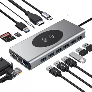 15 ב 1 USB C רכזת עגינה תחנת מתאם USB 3.0 תשלום אלחוטי Dual VGA 3.5mm אודיו RJ45 עבור macbookpro