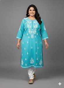 Kurti de algodón puro con bordado chikankari hecho a mano para verano, talla grande, fabricante mayorista de kurtis con bordado chikankari indio - Product Image 2