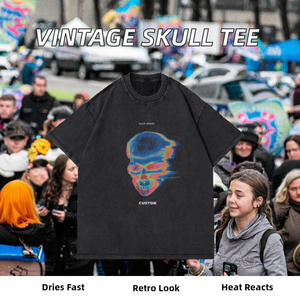 T-shirt décontracté vintage pour homme, en coton épais 100% délavé à l'acide, séchage rapide, impression sérigraphiée thermosensible, motifs crânes, col rond, 250g - Product Image 2