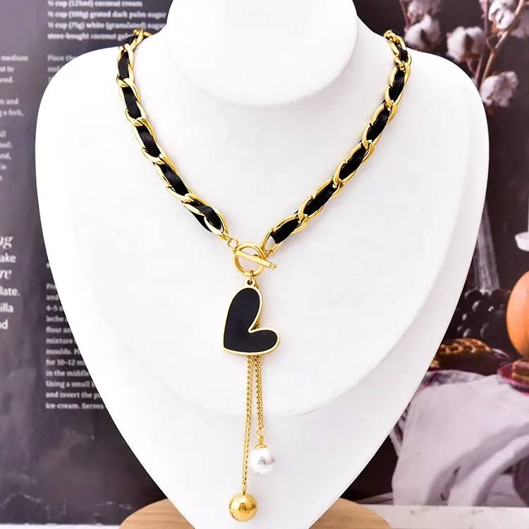 Titanium Steel Chunky Rope Chain Necklace Pearl Round Ball Heart Shaped Pendant 18K Gold Plated Genuine Leather Steel Necklace