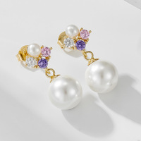 Boucles d'oreilles pendantes romantiques en argent S925 plaqué or 14 carats avec perles multicolores et zircons cubiques, grappe de perles florales en argent sterling 925