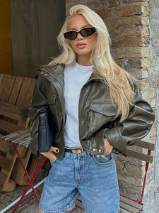 ZEVITY 2026 <strong>Women</strong> Faux Leather Spring Autumn Short Cropped Vintage Bomber <strong>Jacket</strong> with Pockets Long Sleeve Zipper Closure PU Tops - Product Image 6
