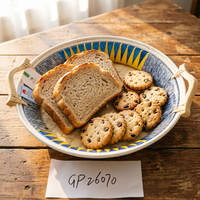Bandeja de Pão Colorida com Listras - Bandeja de Bambu Ecológica Feita à Mão com Alças para Pão, Café da Manhã e Armazenamento na Cozinha