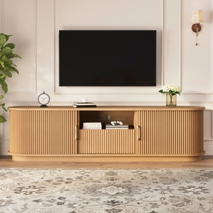 Modern TV Stand with Sliding Wood Slatted Doors TV Cabinet with Drawer for 75" TVs Bedroom Storage Furniture - Product Image 2