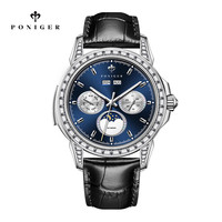 Montre mécanique automatique pour homme PONIGER P6.25, calendrier annuel, mois, semaine, jour, phase de lune, luminescente, cristal saphir, étanche