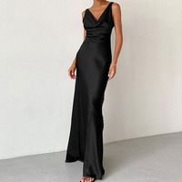 Robe élégante d'été noire pour femme, sans manches, col en V, fendue, longue, pour soirée ou cocktail