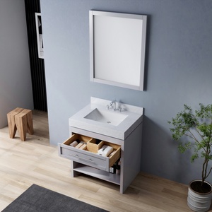 Minimalist Grey Freestanding Bathroom <b>Vanity</b> Marble Wash Basin Cabinet with Matching Grey <b>Mirror</b> for <b>Small</b> Bathrooms - Product Image 3