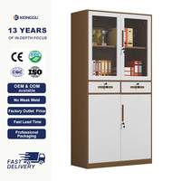 Armoire de bureau en acier à grain de bois avec porte vitrée, tiroirs de rangement, vitrine et casier verrouillable pour archives professionnels