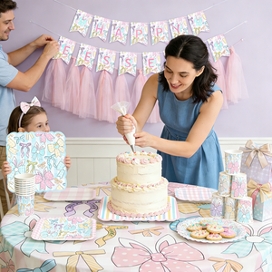 DAMAI - Vajilla de Papel para Fiesta de Pascua, Platos, Vasos, Servilletas, Lazo Rosa y Diseño Floral Primaveral, para 8 Personas - Product Image 1