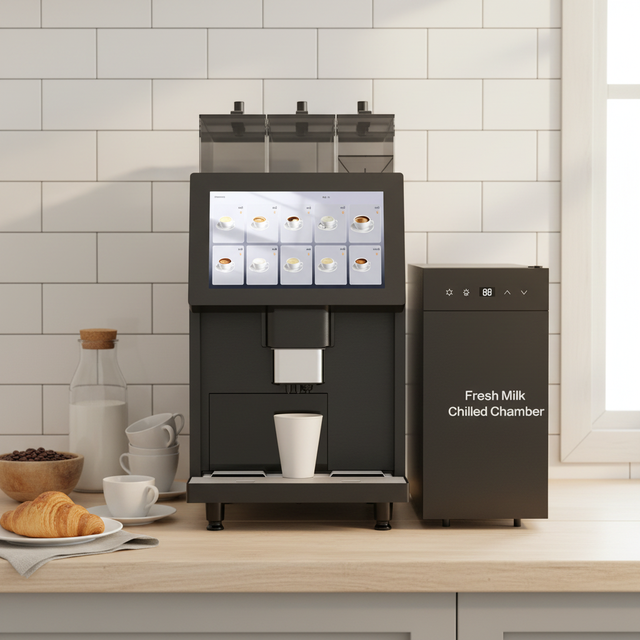 High-Volume Commercial Coffee Maker: 300+ Cups/Day, Integrated Milk Cooling & Automated Cappuccino System