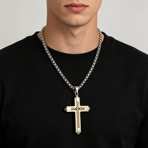 Collar con Colgante de Cruz con Textura Trenzada, en Oro, Plata y Negro, de Acero Inoxidable, Impermeable, Estilo Hip Hop, Joyería Religiosa Cristiana - Product Image 6