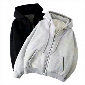 Men's Hooded Zip-Up Sweatshirt Oversized Fleece Lined Casual Winter Wear Solid Color Knitted Cotton Polyester Blend - Product Image 2