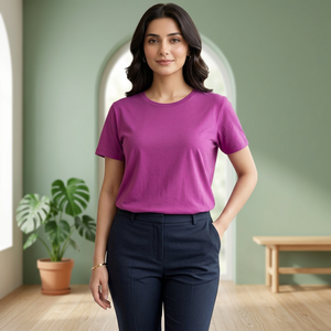 T-shirt à col rond et manches courtes pour femme, coupe classique, couleur unie, jersey décontracté, tricoté en polyester/coton, respirant, toutes saisons - Product Image 1