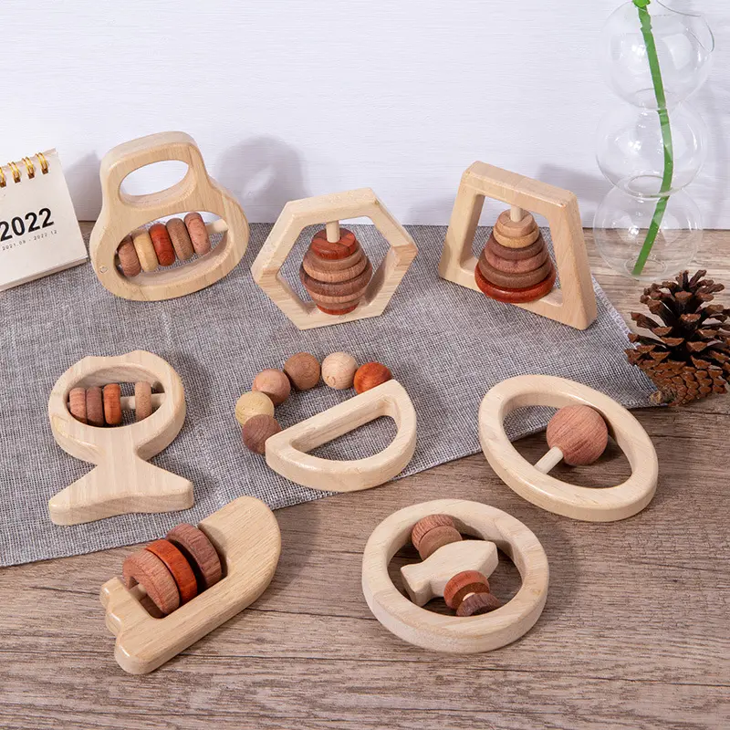 Baby Teething wooden rattle toy Chew Teether Activity baby rattles toys Montessori Bells Infant Beech educational toys