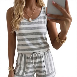 Women Striped Sleeveless Halter Neck Top Shorts Set Casual Breathable Regular Fit Above Knee Spring Summer Wear White Trim - Product Image 2
