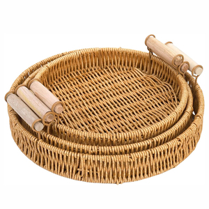 Vassoio Rotondo Intrecciato Fatto a Mano con Manici in Legno, Cesto in Rattan Plastico per Pane e Frutta, Adatto per Tavolino da Caffè - Product Image 6