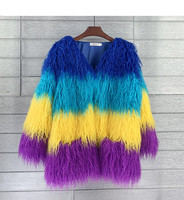 Haute qualité laine de mouton vêtements agneau mongolie fourrure veste moelleux fourrure arc-en-ciel couleur fausse fourrure manteau personnalisé