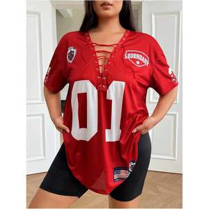 Camiseta de malla personalizada para mujer, talla grande, cuello en V, manga corta, con cordones, número 01, gráfico Legend, estilo urbano. - Product Image 5