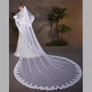 S1485R Nouveauté 2025 Voile de mariée long en dentelle intégrale blanc ivoire à deux couches avec couvre-visage - Product Image 3