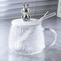 Mug à café en verre JNSM créatif, mignon, en forme de lapin, écologique, 420 ml, avec couvercle à paille et cuillère, pour la maison ou le bureau