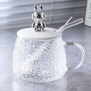 Tasse en verre créative en forme de lapin mignon avec paille, mug à café de bureau avec couvercle et cuillère pour la maison ou le bureau, idéal pour les jus - Product Image 2