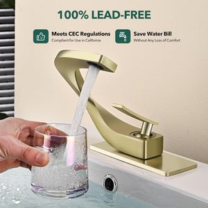 Homili, grifo de lavabo de baño de latón macizo de 1 3 agujeros, grifo de tocador de un solo mango con caño burbujeador, diseño de cascada, oro cepillado - Product Image 5