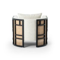 Fauteuil individuel moderne et minimaliste en tissu beige, design de créateur avec détails en rotin, idéal pour les salons de luxe et les projets hôteliers