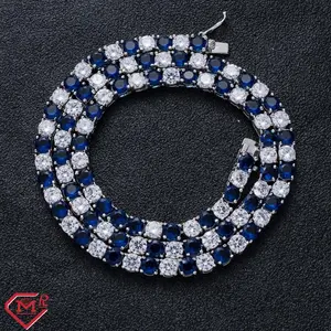 Iced out kalung gelang Hiphop tenis, rantai tenis Chainr Pass batu hitam biru 4mm 925 perak VVS Moissanite