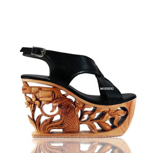 Sandalias de Plataforma de <span class=keywords><strong>Madera</strong></span> con Tacón de Cuña, Talladas a Mano, con Flores, Personalizables con Marca - Product Image 1