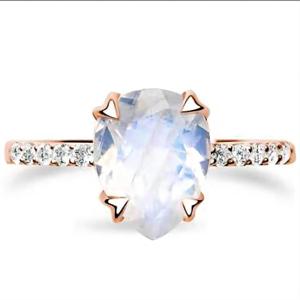 Women's <b>925</b> <b>Silver</b> Pear Cut Moss Agate Engagement <b>Ring</b> Prong Setting Pave Diamond Band Romantic Style - Product Image 3