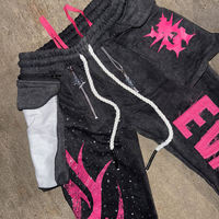 Ensemble de survêtement lourd pour homme personnalisé OEM ODM, avec pantalon de survêtement à broderie vieillie et sweat à capuche à strass délavé à l'acide