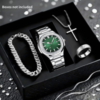 LP62 Ensemble de 4 montres à quartz carrées en alliage argenté pour homme, étanches, pour affaires, avec collier, bracelet et bague assortis – Cadeau sélectionné
