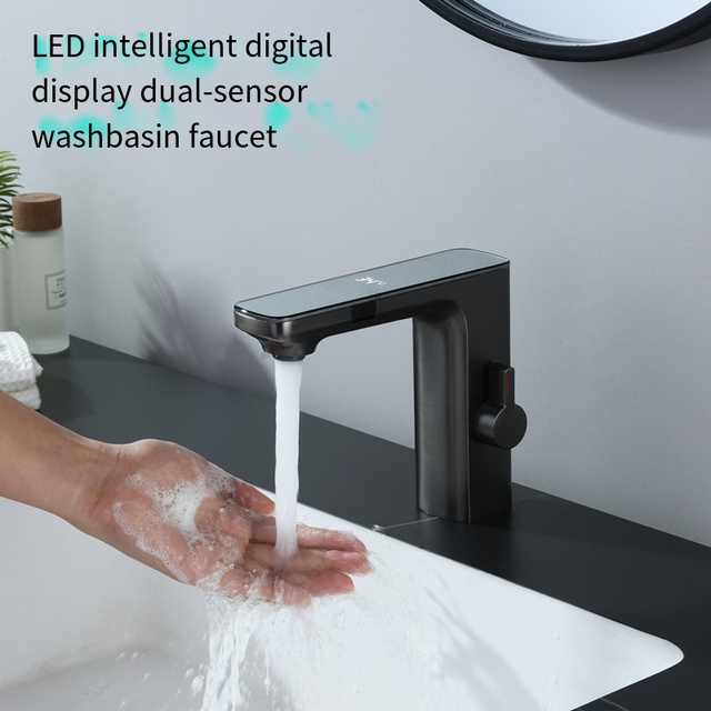 Touchless Smart Automatic Sensor Zinc Alloy LED Lighting Modern Single Hole Deck Basin Gun Gray Hydroelectric Power Generation