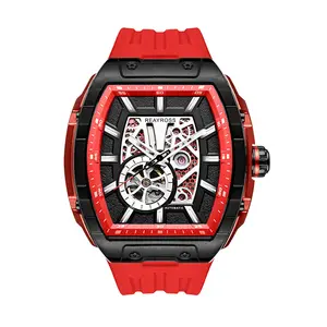 Hip Hop Men Mechanical Automatic Watches Luxury Waterproof Tonneau Skeleton Hollow Silicone Strap Stainless Steel Premium Watch