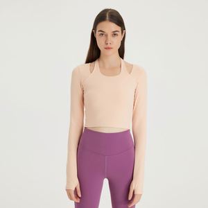 2025เสื้อเล่นโยคะเข้ารูปสำหรับ<span class=keywords><strong>ผู้หญิง</strong></span>เสื้อแขนยาวคอแห้งเร็ว<span class=keywords><strong>ผม</strong></span>น้ำหนักเบาสีเนื้อนู้ดฟิตเนสโยคะแฟชั่นใหม่ - Product Image 3