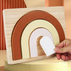 Rompecabezas de madera natural para bebés, juguete creativo con forma de arco, bloques apilables de arcoíris de madera seguros - Product Image 3