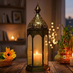 Gold Metal Ramadan Lantern Vintage <b>Candle</b> Holder Stand <b>Large</b> Clear Glass Wooden Lanterns Christmas Eid Muslim Home Table Decor - Product Image 1