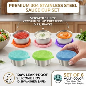 6PC/<b>Set</b> 304 Stainless Steel Dipping Sauce Cups Food Containers Reusable Salad Dressing Container Silicone Stretch Lids Leakproof - Product Image 6
