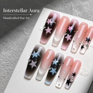 <span class=keywords><strong>Faux</strong></span> <span class=keywords><strong>ongles</strong></span> de luxe faits à la main, motif Interstellar Aura Blush, étoiles et cœurs, style Y2K, longs, forme cercueil, réutilisables - Product Image 5