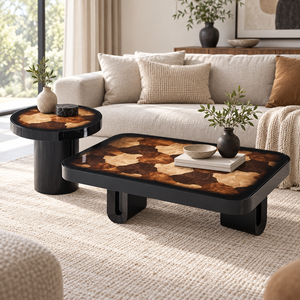 Ensembles de tables basses design en placage de bois naturel, marqueterie HDF, finition laquée haute brillance, tables basses gigognes pour salon - Product Image 1