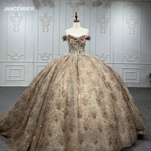Robe de bal de fin d'année à épaules dénudées en or avec fleurs pour femmes Jancember 7334-1 - Product Image 5
