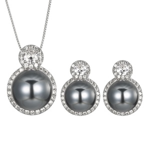 Wholesale Fashion Eco-friendly Copper 16-12mm Round Grey Pearl Jewelry Set Elegant Simple Pendant <b>Earrings</b> Set for Women - Product Image 1