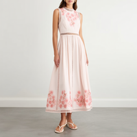 Gaun Midi Elegan Warna Pink dengan Renda, Potongan Pinggang, Bordir Bunga, Model A-Line untuk Wanita, Cocok untuk Pesta Koktail, Pernikahan, dan Acara Lainnya