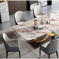 Ensemble de table à manger moderne en marbre avec plateau en ardoise carré, 6 places, table à manger convertible de luxe en or avec chaises et base en acier inoxydable