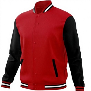 Chaqueta Varsity Roja y Negra para Hombre, Corte Regular Informal, Material de Poliéster, Cuello Camisero, Cierre de un Solo Botón, Color Sólido - Product Image 1